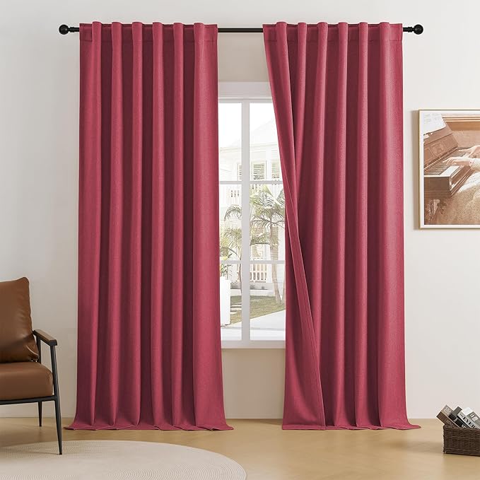 DUALIFE Extra Long 108 Inch Full Blackout Curtains for Large Window,Look Faux Linen Textured Back Tab Hook Belt Pleated Tall Drapes for Living Room Dining 2 Panels Set,50 Wide,10 FT Rose Red
