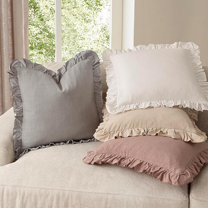 Foindtower Set of 2 Decorative Linen Fringe Ruffle Throw Pillow Covers Soft Boho Farmhouse Cushion Cover Cozy Accent Retro Pillowcase for Couch Sofa Bed Living Room Home Decor,20×20 Inch,Taupe Gray
