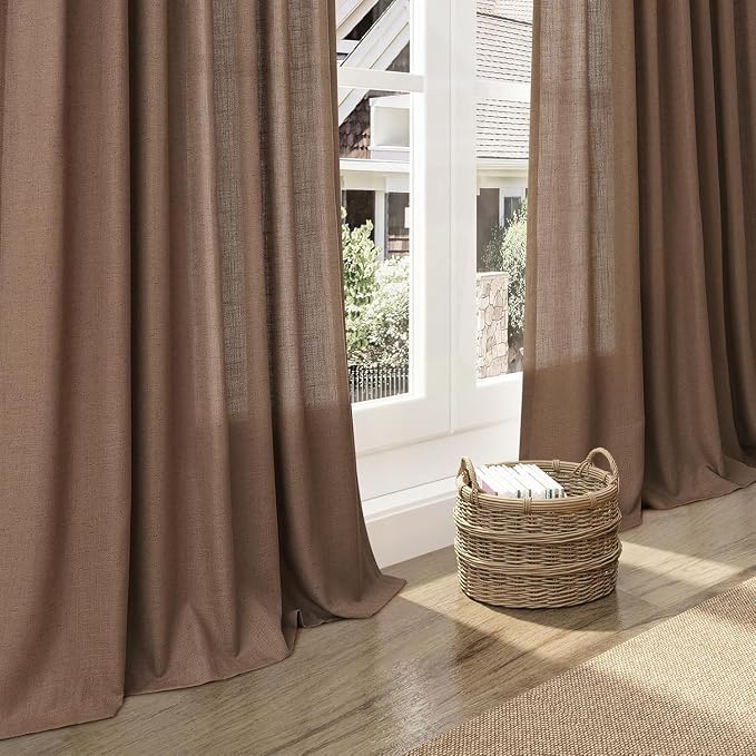 Caramel Brown Linen Curtains for Living Room 94 Inches Long Back Tab and Rod Pocket Light Filtering Semi Sheer Vintage Rustic Curtain Luxury Boho Decor Drapes for Bedroom Office 52x94, 2 Panels