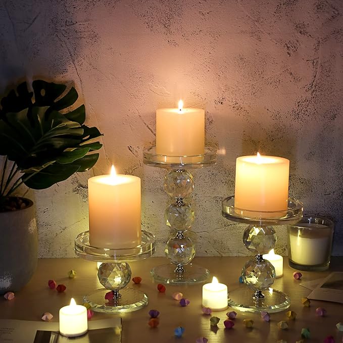 OwnMy Crystal Glass Pillar Candlestick Holders Pillar Candle Holders Sets | Clear Glass Tealight Holders Votive Candle Stands, Set of 3 Modern Pillar Candle Centerpiece for Living Room Wedding Decors