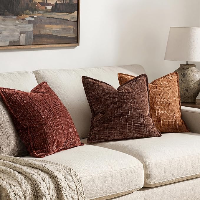 MIULEE Slubby Textured Decorative Throw Pillow Covers 18x18 Inch Set of 2 Boho Farmhouse Soft Cozy Chenille Pillows Cushion Cases Modern Fall Home Decor for Couch Sofa Bed Living Room, Brown