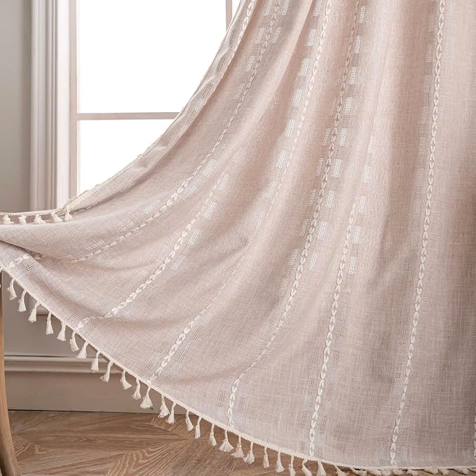 Deeprove Boho Curtain 63 inches Length for Living Room Bedroom Nursery, Retro Bohemian Coffee Linen Sheer 63 inches Long Tassel Stripe Embroidery Privacy Window Treatment W52 x L63, 1 Panel Natural