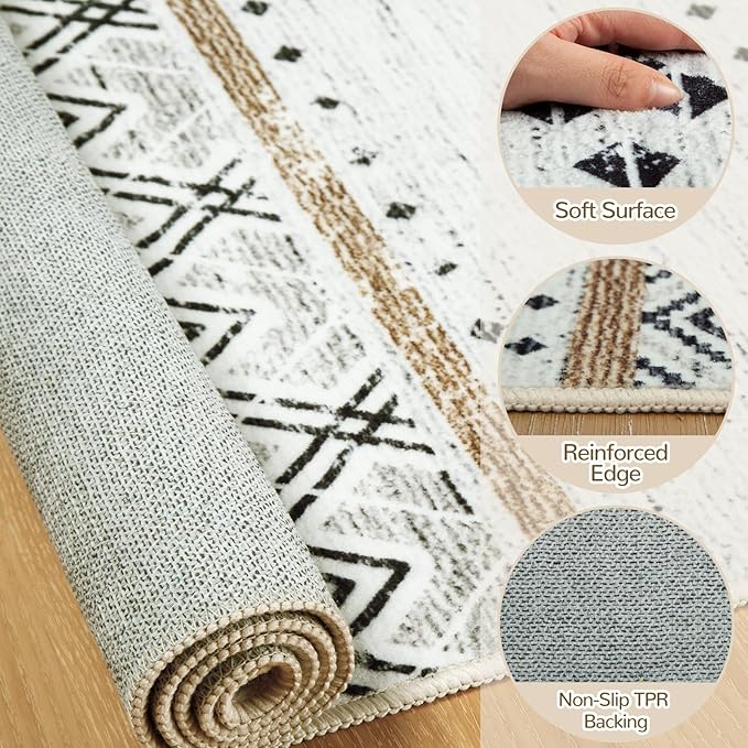 BESTSWEETIE 5x7 Area Rugs for Living Room Washable Moroccan Farmhouse Neutral Geometric Low Pile Non-Slip Soft Print Pattern Rug for Bedroom Kitchen Dining Room Entryway Black/Brown