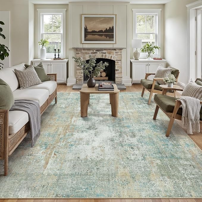 9x12 Washable Area Rug Teal Beige Abstract Non Slip Soft Low Pile Rug for Living Room Bedroom Dining Room Office Neutral Modern Indoor Large Throw Carpet for Home Decor