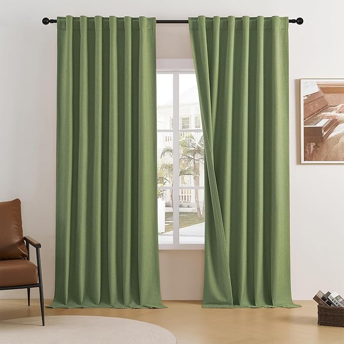 DUALIFE Light Sage Green Curtains 96 Inches Long for Bedroom 2 Panels Back Tab Loop Pocket Linen Draperies Neutral Farmhouse Blackout Privacy Pale Green Curtains for Living Room Office 8 FT 50x96