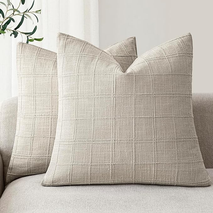 Foindtower Set of 2 Decorative Linen Check Throw Pillow Covers Neutral Farmhouse Vintage Cushion Covers Modern Coastal Boho Home Decor for Sofa Chair Couch Bedroom Living Room,18×18 Inch,Light Grey