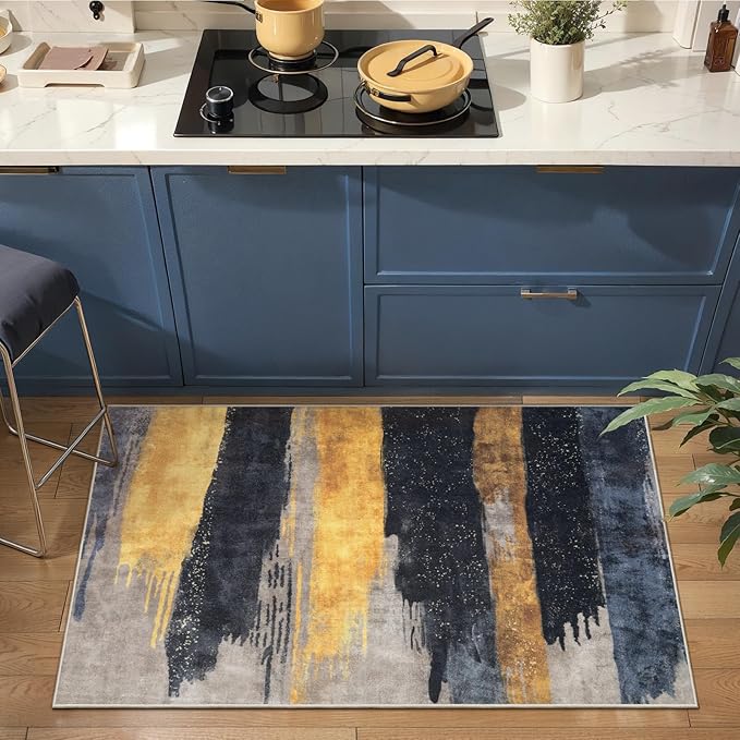 Ciicool Modern Abstract Area Rug 2x3 Washable Small Entryway Rugs,Black Gold Non-Slip Low Pile Throw Entry Rug, Foldable Kitchen Bathroom Rugs Floor Carpet for Entrance Bedroom Indoor Doormat