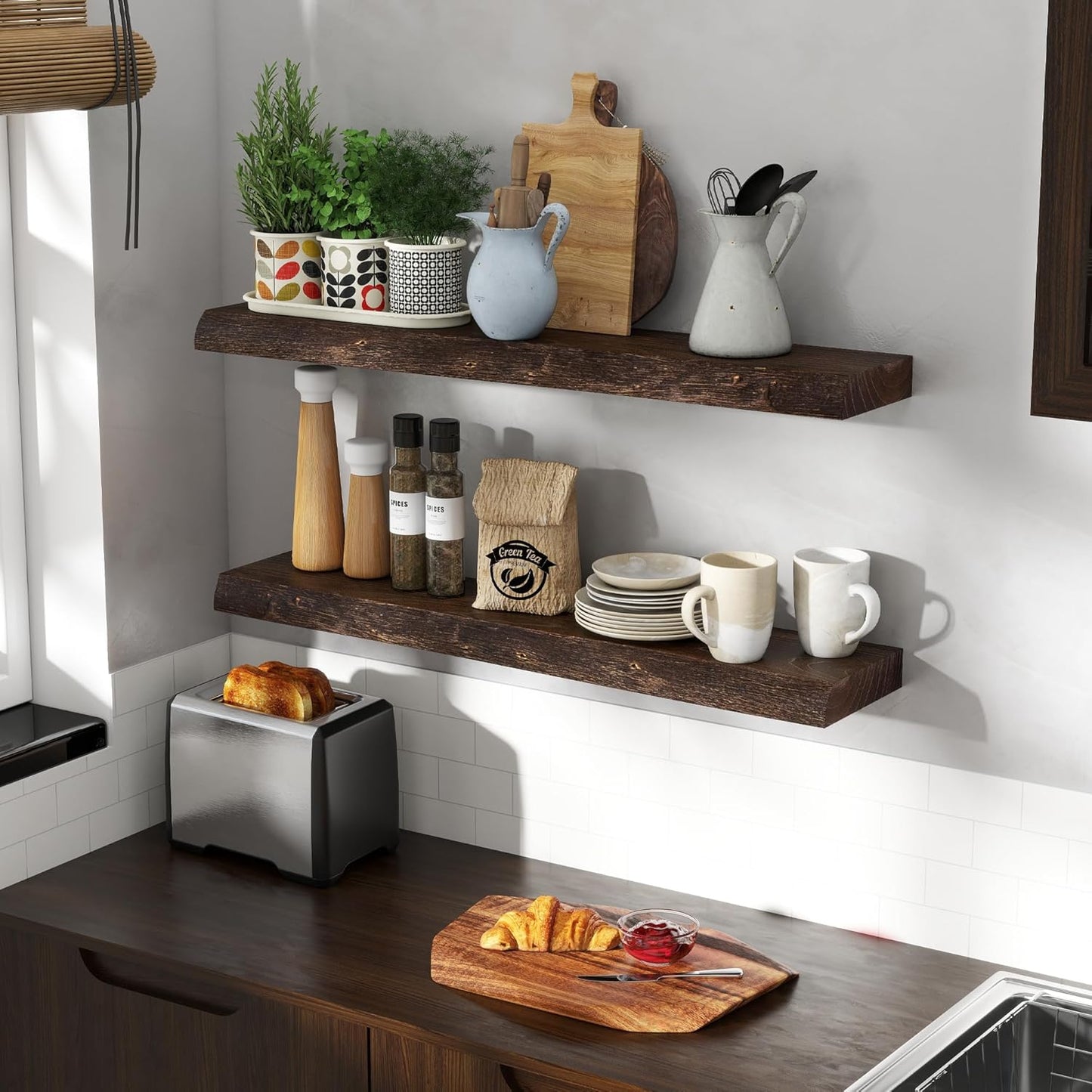 Solid Elm Wood Floating Shelves, 36 Inch Wood Floating Shelves for Wall, Live Edge Wooden Shelves Wall Mounted for Books, Bathroom, Kitchen, Walnut Color, Set of 2