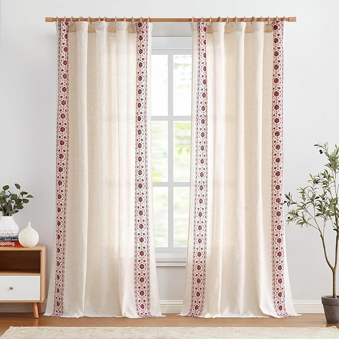 jinchan Boho Curtains for Bedroom Red Vintage Floral Farmhouse Curtains 96 Inches Long Linen Blend Drapes for Living Room Embroidered Light Filtering Drapes Rod Pocket Red on Beige 2 Panels