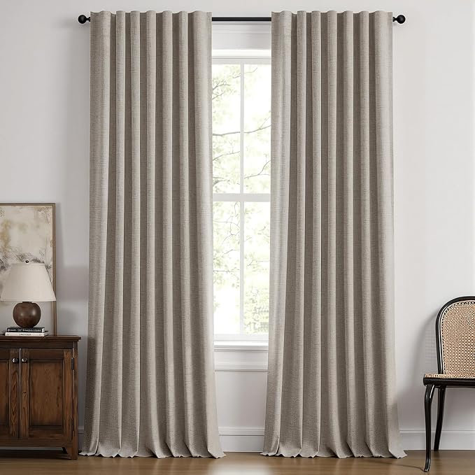 MIULEE 100% Blackout Linen Curtains for Bedroom,Greige Solid Luxury Decor Thermal Insulation Room Darkening Drapes for Living Room Back Tab Rod Pocket 42 x 108 Inches, 2 Panels