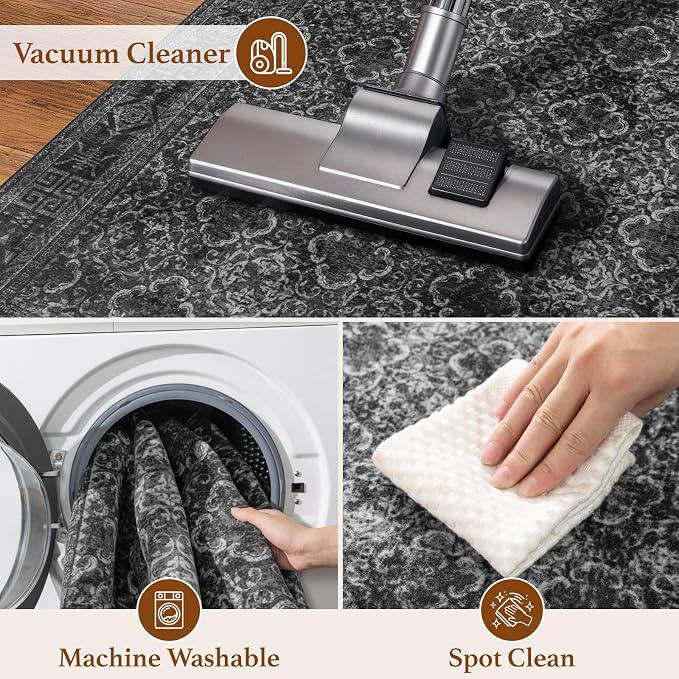 LIANLAM 6x9 Washable Area Rug, Vintage Boho Traditional Pattern, Non-Slip Stain Resistant Rug for Living Room Bedroom(6x9,Black/Boho)