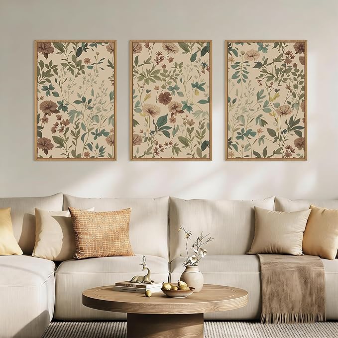Vintage Floral Botanical Framed Canvas Wall Art Set,Abstract Neutral Wildflower Wall Decor,Mid Century Retro Flower Nature Artwork for Living Room,Bedroom,Farmhouse- 24"x36"x3