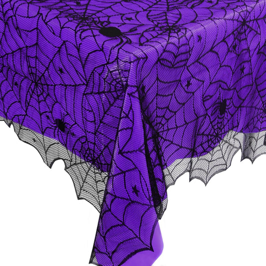 2Pcs Halloween Tablecloths, Black Lace & Purple Lined Rectangular Table Cloth, Spider Web Table Cover for Scary Halloween Decorations Indoor, 54 x 72 Inch