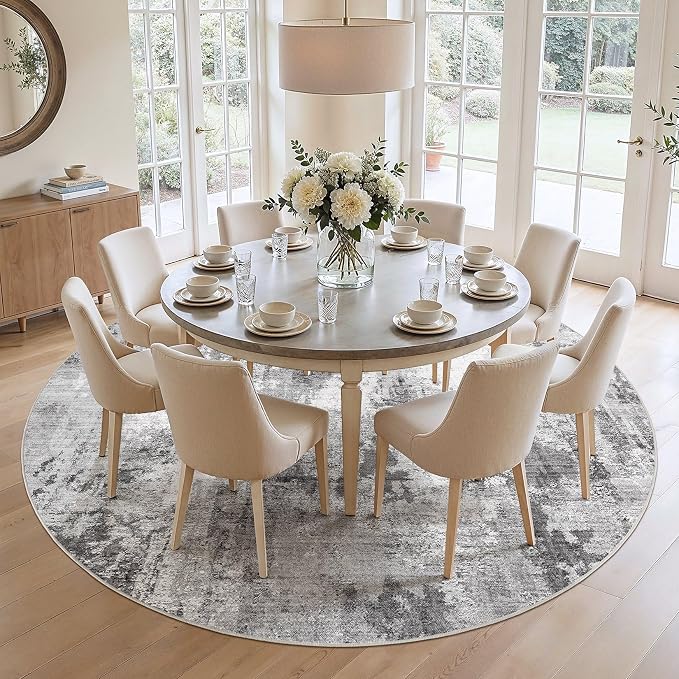 Abstract 10FT Round Rug: Machine Washable Non Slip Ultra Thin Low-Pile Carpet, Soft Stain Resistant for Living Dining Room Bedroom, Kid Pet Friendly, Robot Vacuum Compatible - Grey