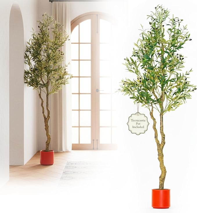 Olive Tree with Realistic Branches - Faux Olive Trees Indoor for Living Room, Conservatory & Office | Faux Plants Indoor Tall Home Decor Modern Fake Tree with Weighted Pot | 6ft Tall | Pimido