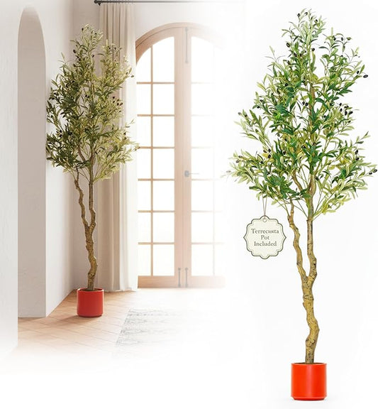 Olive Tree with Realistic Branches - Faux Olive Trees Indoor for Living Room, Conservatory & Office | Faux Plants Indoor Tall Home Decor Modern Fake Tree with Weighted Pot | 6ft Tall | Pimido