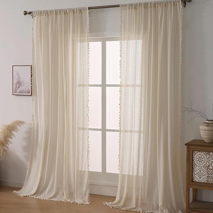 WAZZIO Boho Lace Curtains 105 Inch 2 Panel,Light Filtering Privacy Tassel & Geometry Crochet Semi Sheer Curtain Drapes for Bedroom Living Dining Room,Rod Pocket & Tassel,Vintage Farmhouse Decor,Beige