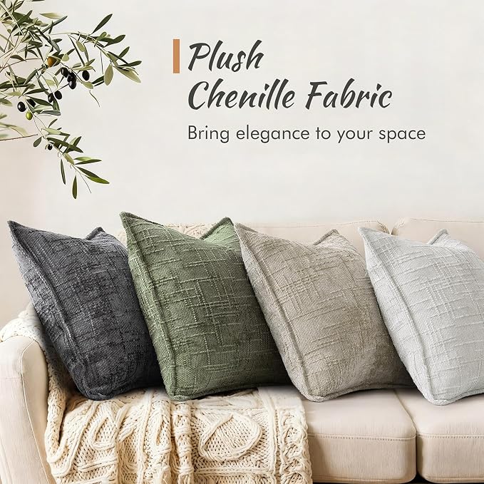 decorUhome Chenille Throw Pillow Covers 18x18 Set of 2, Soft Textured Slubby Modern Decorative Pillow Covers with Elegant Design for Couch, Sofa, Living Room, Olive Green