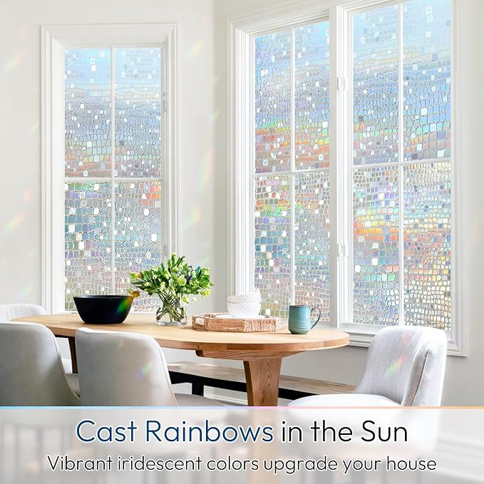 rabbitgoo Window Privacy Film Decorative Rainbow Cling, 35.4" x 157.4" | 3D Stained Glass Window Sticker, Anti-UV Sun Blocking Heat Control, Static Cling Glass Window Door Covering for Home Office
