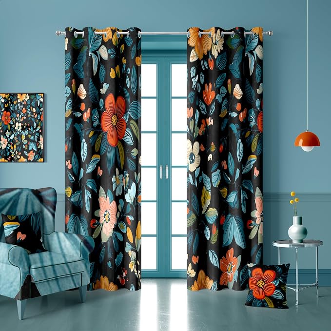 iTapnoom Black Blue Leaves Floral Blackout Curtain, Flowers Aesthetic Art Curtains Darkening Thermal Insulated Grommet Window Drapes for Living Room Bedroom Decor 2 Panels 52x84 Inches