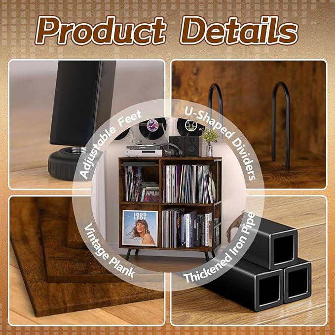 Faesun 3 Tier Flip Top Record Player Stand, Vinyl Record Storage Holds up to 300+ Albums, Large Record Player Cabinet, Vintage Turntable Stand with Vinyl Display, for Living Room Bedroom, Rustic Brown