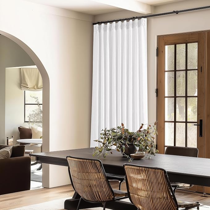 TWODRAPES 60 Inch Width Curtains 92 Inches Long Linen Pinch Pleated Curtains for Living Room Bedroom Semi Sheer Back Tab Hooks Rings Extra Wide Pinch Pleat Drapes for Patio Glass Door White 1 Panel