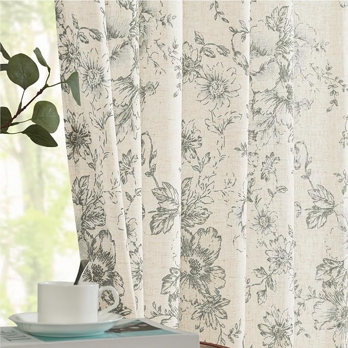 jinchan Lined Linen Blend Curtain Floral Curtains for Living Room 90 Inches Long Grey Peony Flower Printed Curtain Back Tab Farmhouse Patterned Drapes Bedroom Window Curtains Set 2 Panels