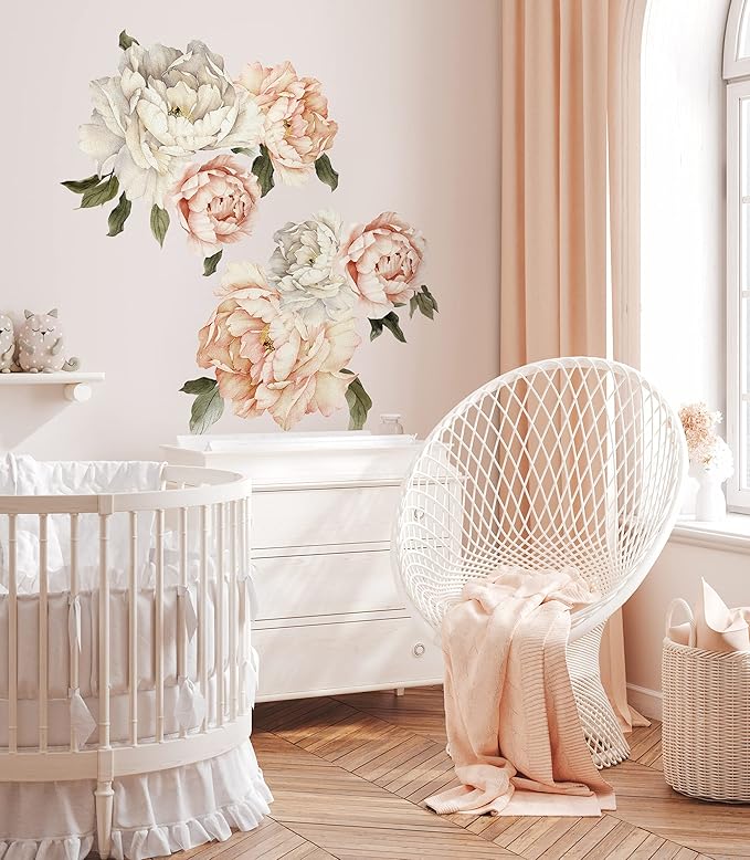 Peony Wall Decal for Bedroom Kids Room Floral Wall Sticker Watercolor Floral Removable Peel and Stick For Girls Peonies Wall Decals Childroom Livingroom