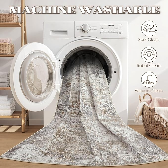DMOYEST Area Rug Living Room Rugs - 8x10 Washable Large Soft Indoor Neutral Modern Abstract Low Pile Rug Carpet for Bedroom Dining Room Farmhouse Home Office - Brown/Grey/Black