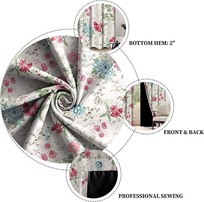 Renaiss Boho Flower Blackout Curtains Wild Blue Pink Floral Thermal Insulated Window Drapes for Bedroom 53W x 96L inches 2 Panel Set Beige Window Curtain Panels for Living Room