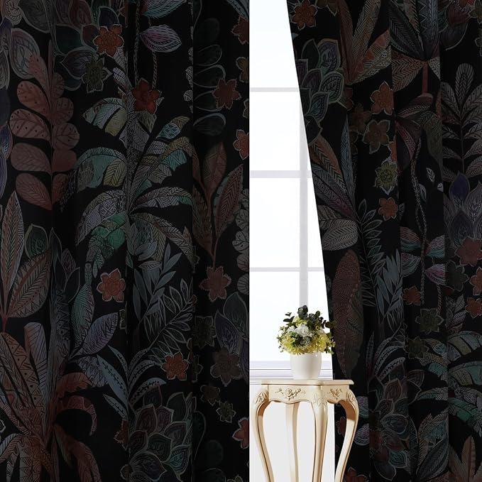 Estelar Textiler Boho Vintage Leaf Pattern Blackout Curtains 108 inch Long 2 Panels,Grommet Thermal Insulated Black Curtains for Living Room,Energy Efficient Window Curtains for Bedroom,52Wx108L