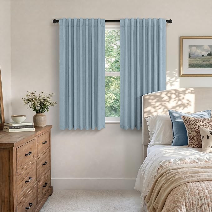 Light Blue Room Darkening Curtains for Bedroom Cute 45 Inch Length 2 Panels Cotton Linen Textured Short Blackout Curtains for Small Window Nursery Boy Girls Room Bathroom Kitchen Door Back Tab 45 Long