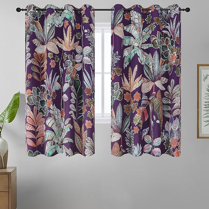 Estelar Textiler Purple Floral Blackout Boho Curtains 63 inch Long for Bedroom,Grommet Thermal Insulated Room Darkening Noise Reducing Curtains & Drapes for Living Room,52Wx63L,2 Panel