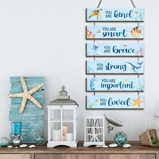 6 Pcs Ocean Decor Kids Room Placards of Wood Decor, Watercolor Ocean Inspirational Positive Quotes Works of art of Wood Wall Art Hanging Sign for Teens Children Bedroom Princess Toddler Room