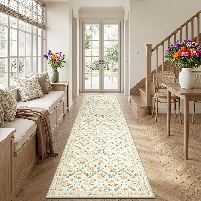 Runner Rug for Entryway: 2.6x14 Kitchen Rugs Non Slip Washable Ultra-Thin Soft Floral Carpet Indoor Floor Stain Resistant Carpets for Hallway Bedroom Kitchen Laundry Bathroom Dorm Beige/Multi