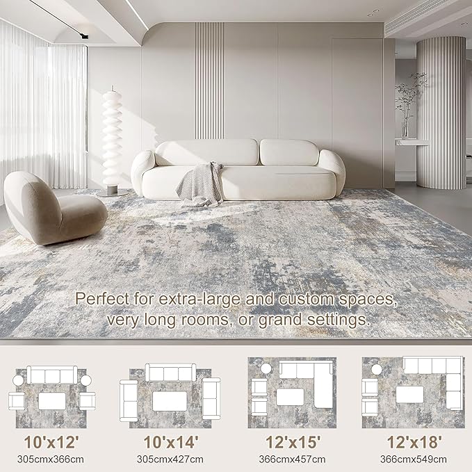 UERMEI 12x18 Area Rug Living Room Rugs - Washable Large Neutral Modern Abstract Soft Thin Rug Indoor Floor No Slip Rug Carpet for Bedroom Under Dining Table Home Office Decor - Blue Grey