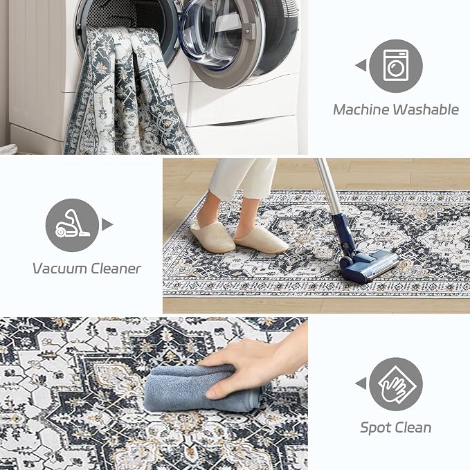 Madane Kitchen Runner 2'6''x8' Soft Rug Runners for Hallways, Black | Vintage Machine Washable Rugs 2.5x8 Ft, Non-Slip Low Pile Stain-Resistant 8ft Floor Carpet for Laundry Room, Corridor