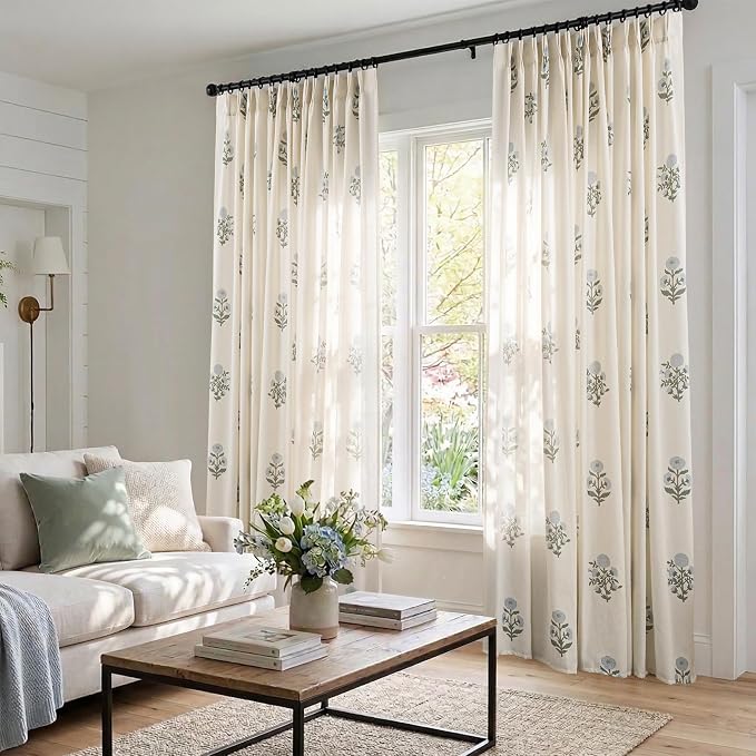 63 Inch Length Floral Linen Curtains for Living Room, Blue and Green Vintage Farmhouse Pattern Pinch Pleated Light Filtering Semi Sheer Drapes for Bedroom Dining Room 2 Panel Set