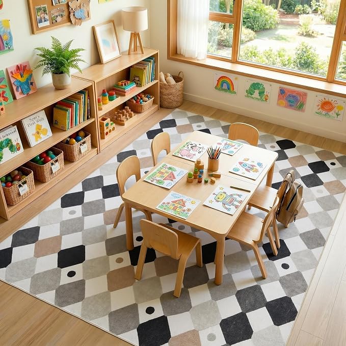 jinchan Macy 8x10 Kids Area Rug for Classroom Black and White Modern Colorful Nursery Rug Checkered Diamond Play Mat Washable Soft Non Slip Carpet for Playroom Living Room Bedroom Marble on Cream