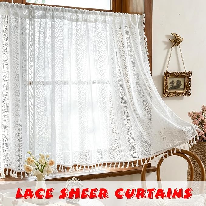 Sutuo Home White Boho Lace Kitchen Curtains 54 inches Long, Cottagecore Semi Sheer Privacy Crochet Vintage Tassels Bohemian Window Cream Curtains Drape for Nursery Decor Rod Pocket, 2 Panels 50" W