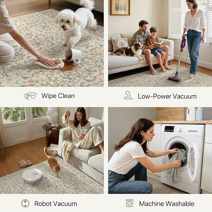 GENIMO 5x7 Washable Area Rugs for Living Room, Non Slip, Beige Blue | Vintage Boho Floral Low Pile Thin Carpet for Bedroom, Dining Room, Nursery, Indoor Decor