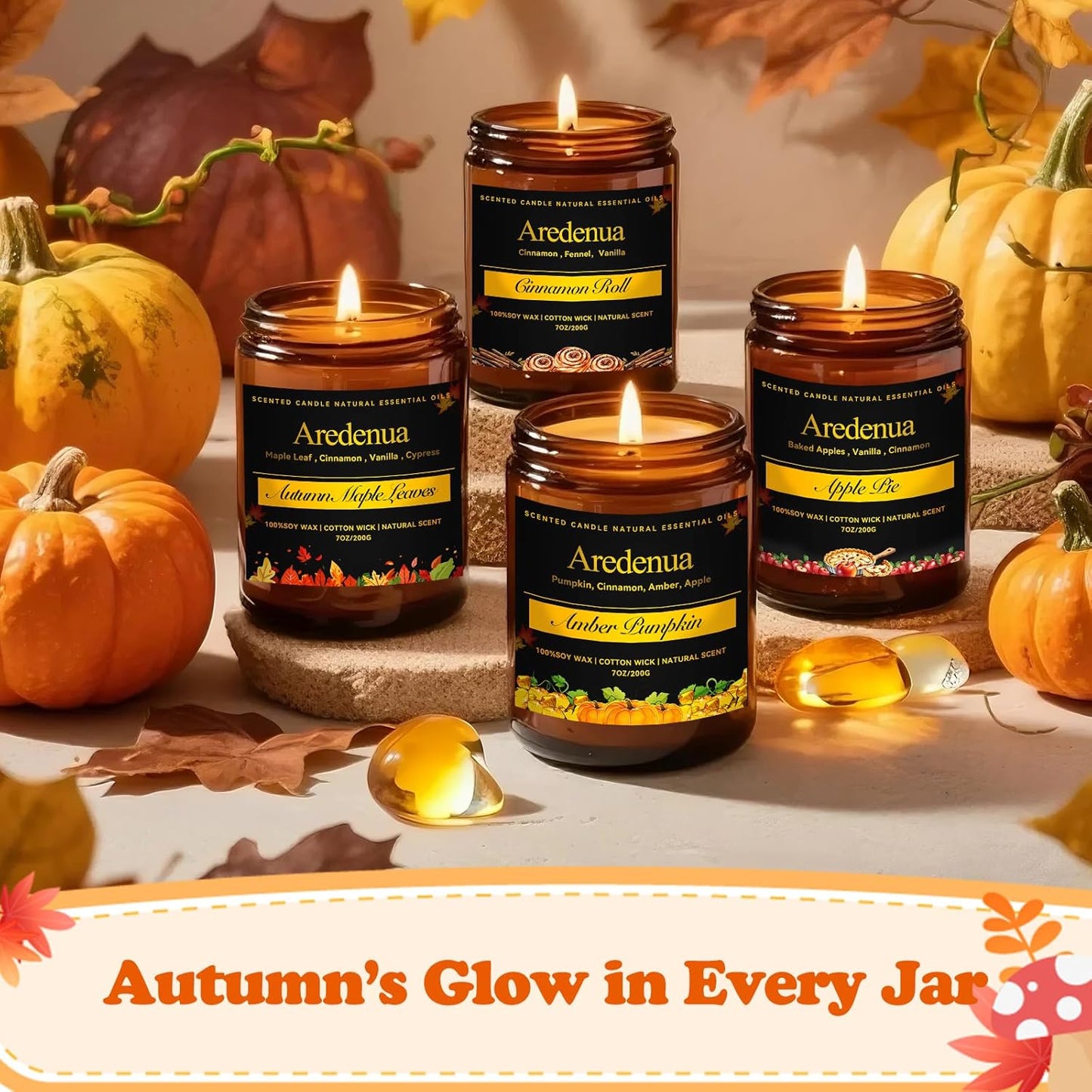 Fall Candles Set | 4 Pack Autumn Scented Candles, Soy Candles for Home Scented, Cozy Seasonal Candle Gifts for Women Men - Fall Scents of Cinnamon Roll/Pumpkin/Autumn Leaves/Apple Pie