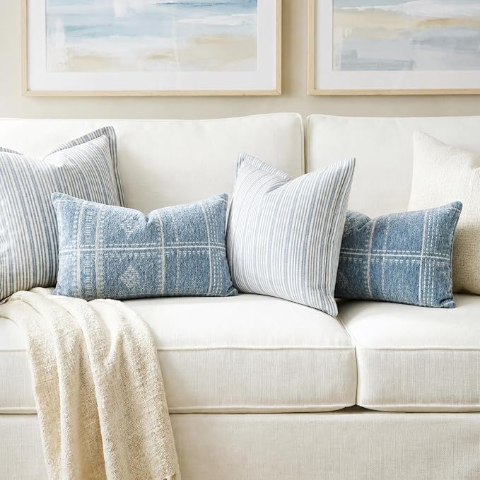BlissBlush Decorative Lumbar Pillow Covers 12x20 Set of 2, Coastal Blue Chenille Accent Rectangular Throw Pillow Covers for Couch Sofa Living Room Home Décor (Cover Only)
