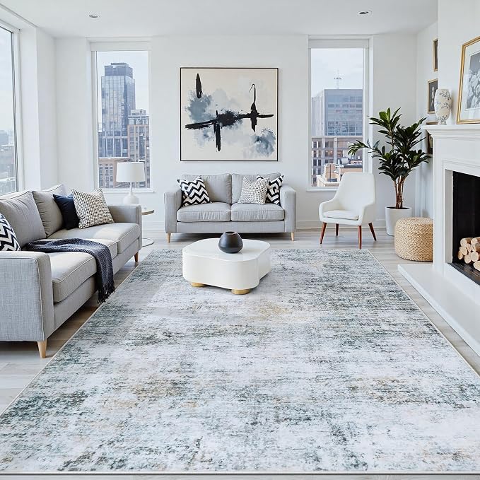9x12 Area Rugs Washable Rug:Anti-Skid Abstract Modern Living Room Rug Soft Thin Carpets Indoor Floor Non-Shedding Carpet for Bedroom Dining Farmhouse Nursery Home Office(Blue/Grey/Gold/White, 9x12)