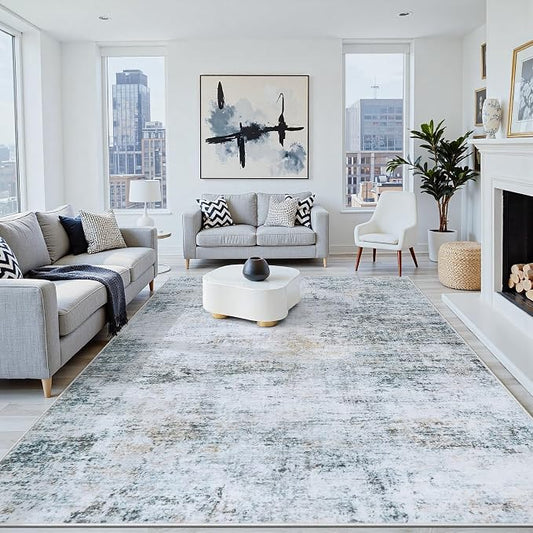 8x10 Area Rugs Washable Rug:Anti-Skid Abstract Modern Living Room Rug Soft Thin Carpets Indoor Floor Non-Shedding Carpet for Bedroom Dining Farmhouse Nursery Home Office(Blue/Grey/Gold/White, 8x10)
