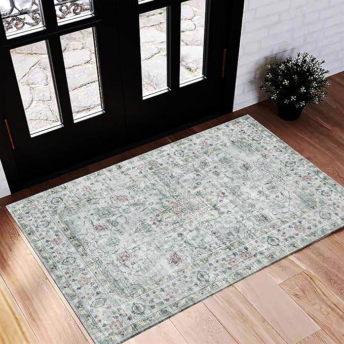 CHAMPLANT Washable Area Rug 2'x3' Door Mat Vintage Distressed Doormat Indoor Entrance Traditional Thin Rug Floral Print Non Slip Carpet for Kitchen Bathroom Bedroom Living Room