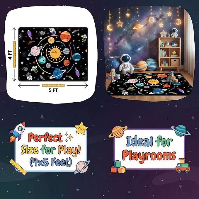 Space Rug for Bedroom,4'×5' Solar System Outer Space Rug for Boys Room,Space Theme Floor Carpet for Kids Classroom Decor