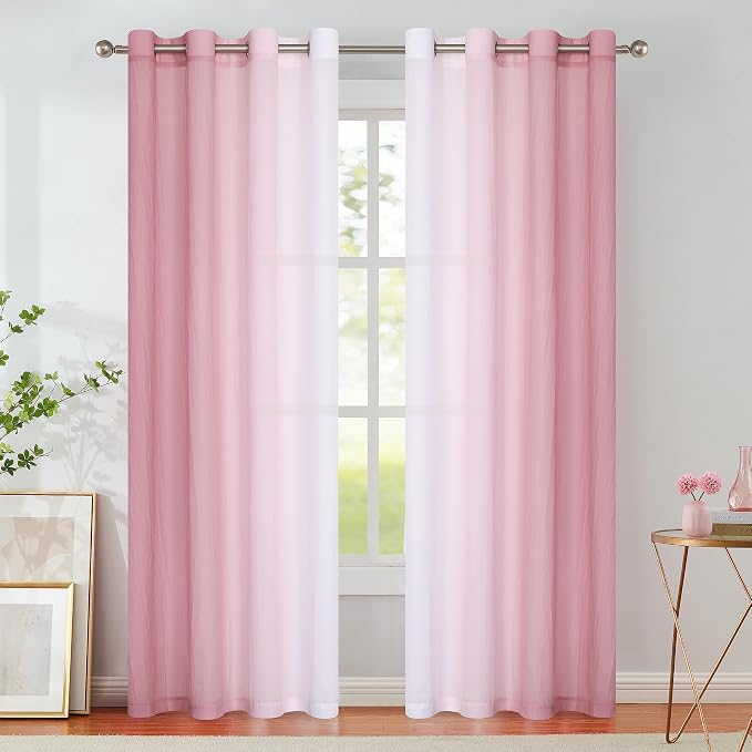 Purainbow Pink Ombre Sheer Curtains for Living Room Chiffon Crinkle Semi Sheer Curtain Panels for Bedroom Decor, Light Filtering Gradient Window Treatments with Grommet Top, 2 Panels, 52" Wx108 L