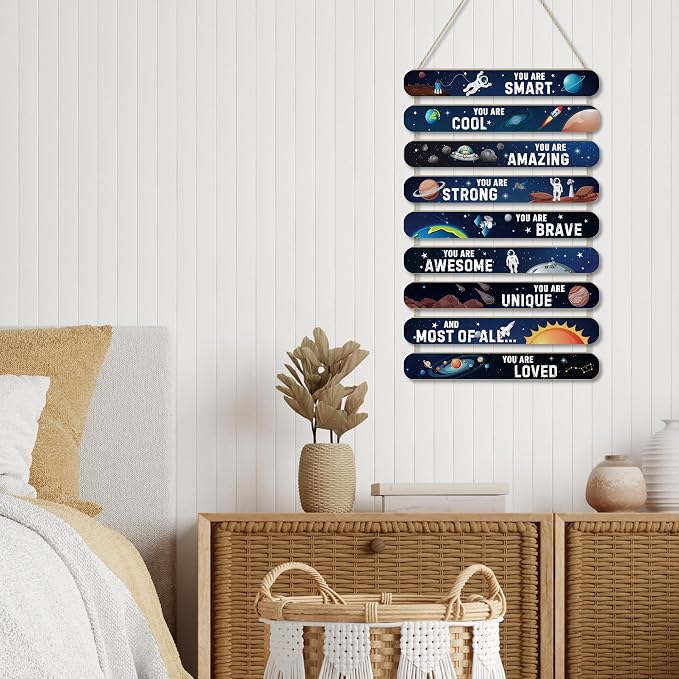 MONALET Space Astronomy Astronaut Inspirational Wall Decor for Boys Kids Room Classroom Playroom Nursery Office, You Are Loved Hanging Wooden Signs, Spaceman Wall Art Wood Plaque 9Pcs 12x19