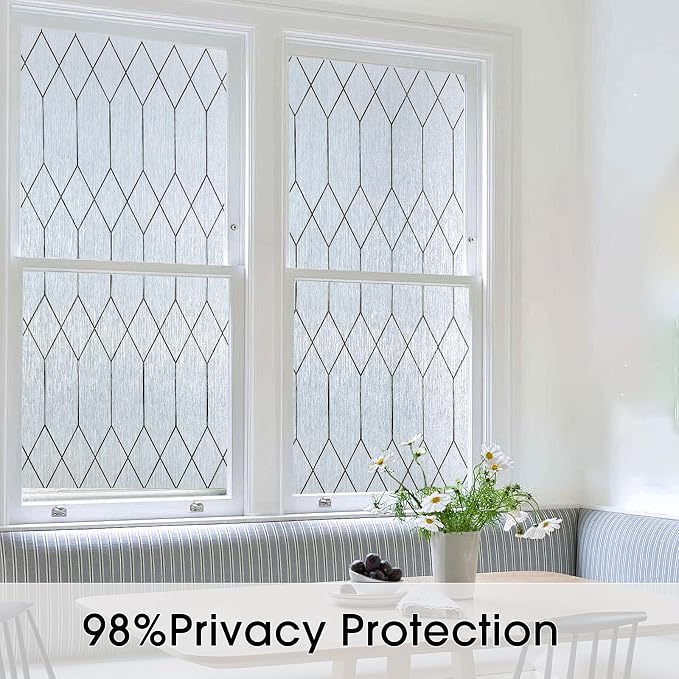 Windimiley Window Privacy Film Stained Glass Static Clings, Bathroom Frosted Leaded Decorative Window Stickers, UV Heat Blocking Opaque Removable for Home Door Coverings (23.6 x 157.5in,Rain)